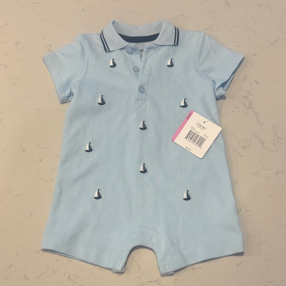 Little Me Light Blue Sailboat Polo Romper